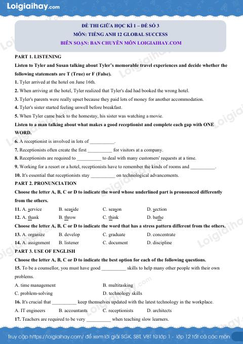 Đề thi giữa kì 1 Tiếng Anh 12 Global Success - Đề số 3